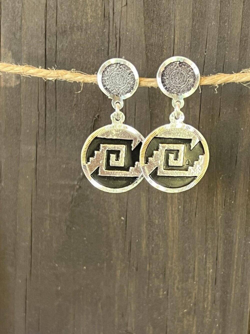 Handcrafted Mexico 950 Silver Aztec Calendar Dangle Earrings